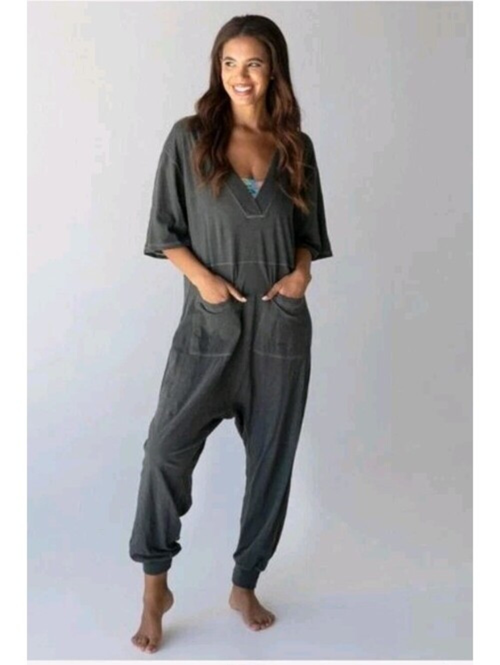 Natural Life Jumpsuit Medium Green Short Sleeve Pockets Hippie Boho